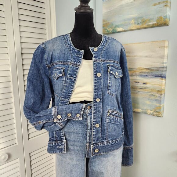 GAP Y2K Cropped Denim Jacket Collarless French Cuff LARGE Boho Cowgirl Classic - Picture 1 of 12